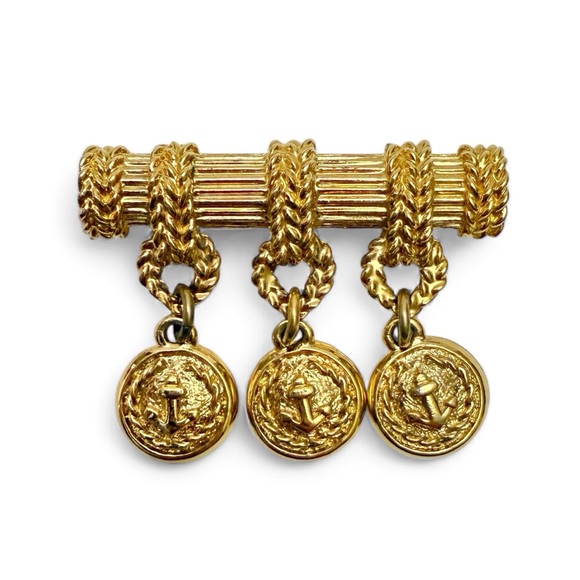 Vintage Agatha Paris Military Nautical Anchor Dangle Medallion Goldtone Brooch - Picture 1 of 9